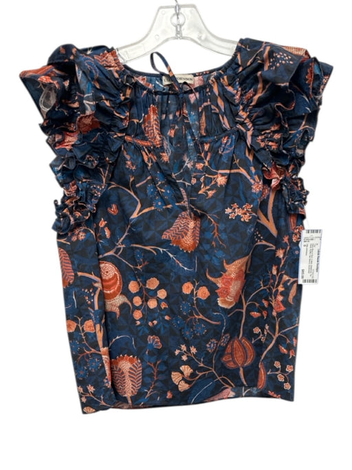 Ulla Johnson Size 0 Navy Blue & Red Cotton Botanical Tie Neck Top Navy Blue & Red / 0