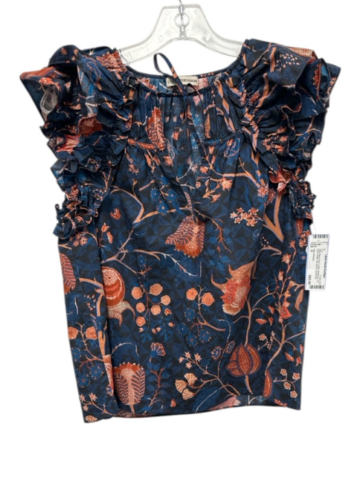 Ulla Johnson Size 0 Navy Blue & Red Cotton Botanical Tie Neck Top Navy Blue & Red / 0