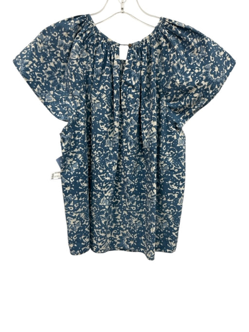 Ulla Johnson Size 2 Blue & Cream Cotton Abstract Gathered Neck Cap Sleeve Top Blue & Cream / 2