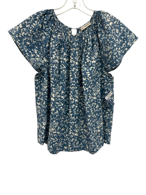Ulla Johnson Size 2 Blue & Cream Cotton Abstract Gathered Neck Cap Sleeve Top Blue & Cream / 2