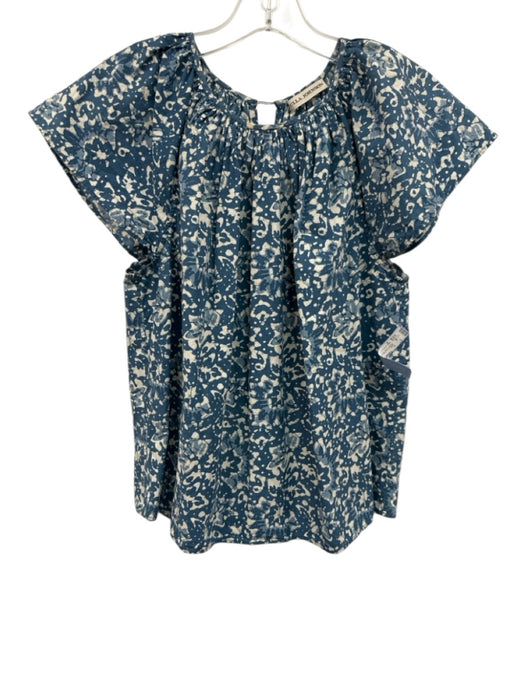 Ulla Johnson Size 2 Blue & Cream Cotton Abstract Gathered Neck Cap Sleeve Top Blue & Cream / 2
