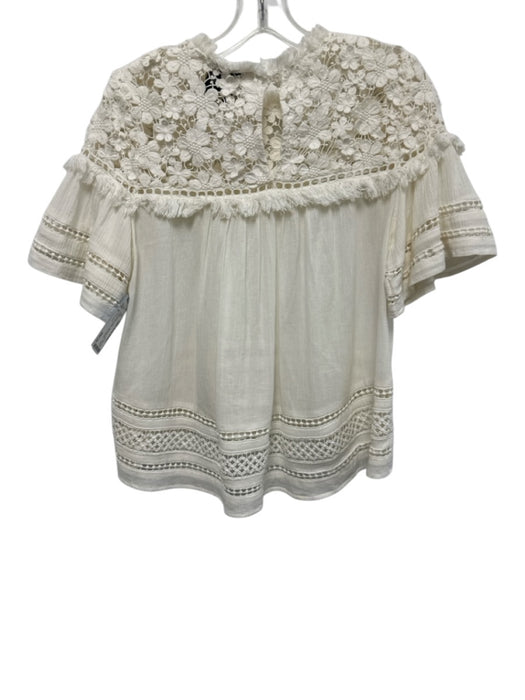 Sea New York Size 2 Ivory White Cotton Crochet Lace Fringe neckline Gathered Top Ivory White / 2