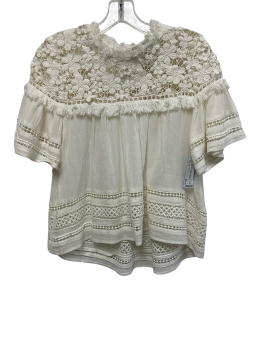 Sea New York Size 2 Ivory White Cotton Crochet Lace Fringe neckline Gathered Top Ivory White / 2