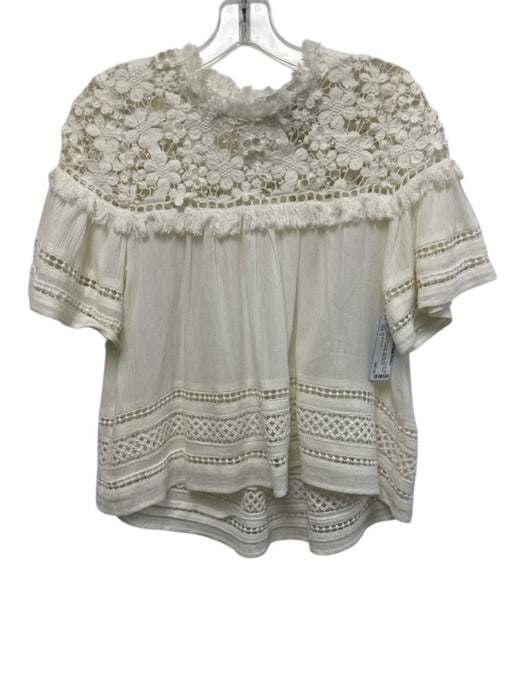Sea New York Size 2 Ivory White Cotton Crochet Lace Fringe neckline Gathered Top Ivory White / 2