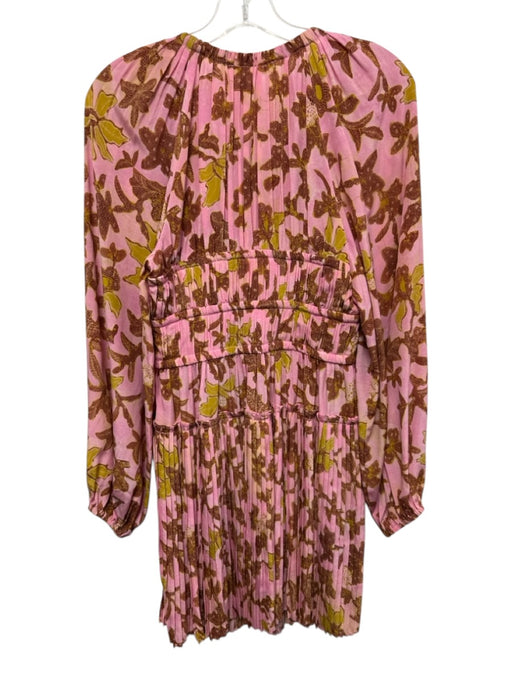 Ulla Johnson Size 0 Pink, Yellow, Brown Silk Pleated Floral Above Knee Dress Pink, Yellow, Brown / 0