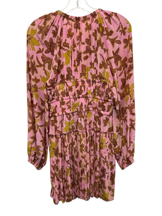 Ulla Johnson Size 0 Pink, Yellow, Brown Silk Pleated Floral Above Knee Dress Pink, Yellow, Brown / 0
