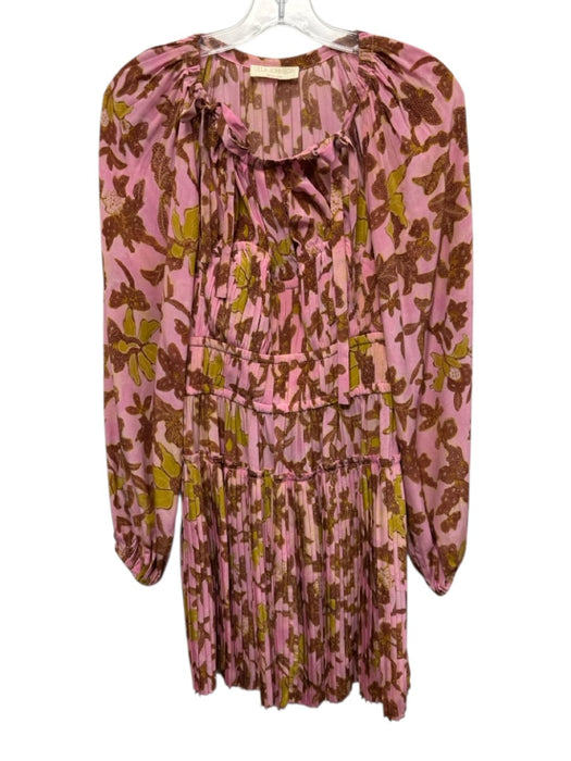 Ulla Johnson Size 0 Pink, Yellow, Brown Silk Pleated Floral Above Knee Dress Pink, Yellow, Brown / 0