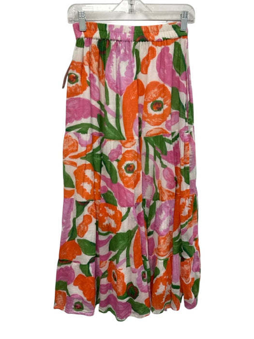 Banjanan Size XS Orange, Pink, Green Cotton Abstract Floral Gathered Midi Skirt Orange, Pink, Green / XS
