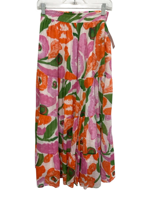 Banjanan Size XS Orange, Pink, Green Cotton Abstract Floral Gathered Midi Skirt Orange, Pink, Green / XS