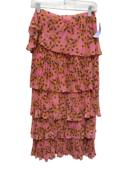 Alexis Size XS Pink, Yellow, Blue Polyester Pleated Floral Tiered Midi Skirt Pink, Yellow, Blue / XS