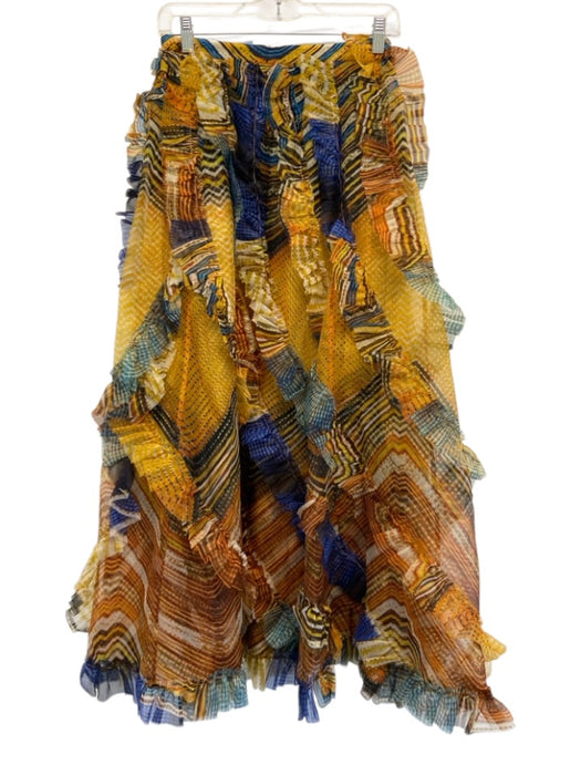 Ulla Johnson Size 2 Yellow, Blue, Brown Silk Chiffon Chevron Ruffle Midi Skirt Yellow, Blue, Brown / 2