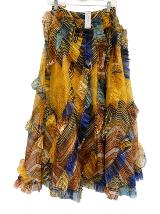 Ulla Johnson Size 2 Yellow, Blue, Brown Silk Chiffon Chevron Ruffle Midi Skirt Yellow, Blue, Brown / 2