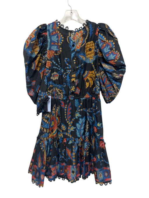 Farm Rio Size XS Blue, Red, Yellow Cotton Long puff sleeve Floral Dress Blue, Red, Yellow / XS