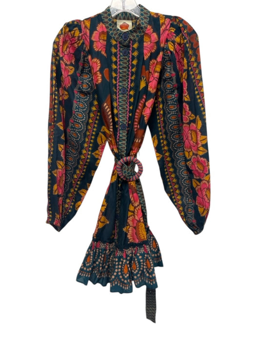 Farm Rio Size XS Teal, Pink, Yellow Cotton Long puff sleeve Floral Beaded Dress Teal, Pink, Yellow / XS