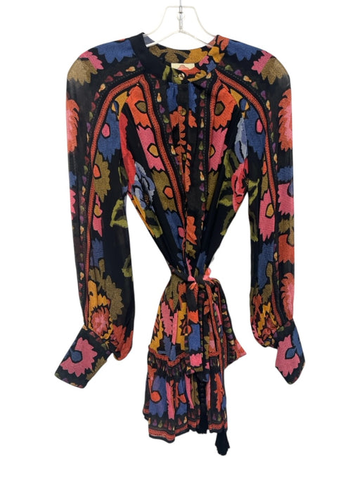 Farm Rio Size XS Black, Pink, Blue Viscose Long Sleeve Floral Button Front Dress Black, Pink, Blue / XS
