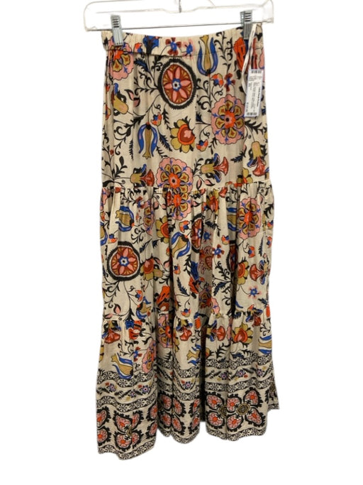 Cara Cara Size XS Blue, Orange, White Cotton Elastic Waist Floral Tiered Skirt Blue, Orange, White / XS