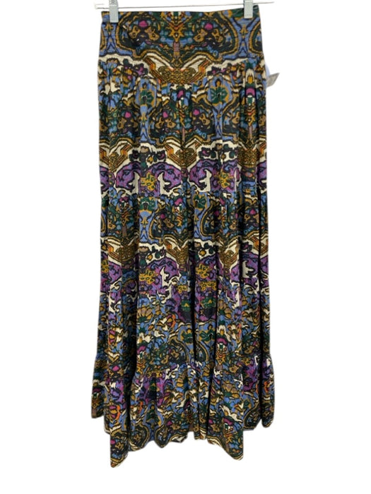 Cleobella Size XS Purple, Green, blue Cotton Elastic Waist Floral Tiered Skirt Purple, Green, blue / XS