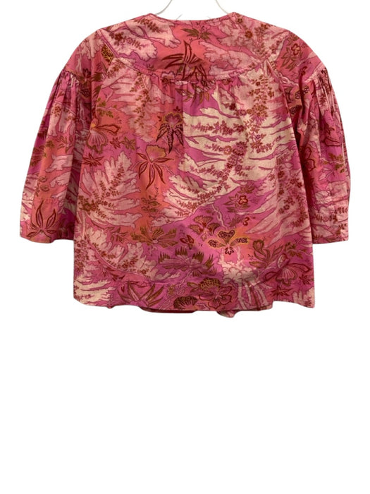 Ulla Johnson Size 0 Pink, Yellow, Brown Cotton Half Sleeve Floral Half Zip Top Pink, Yellow, Brown / 0