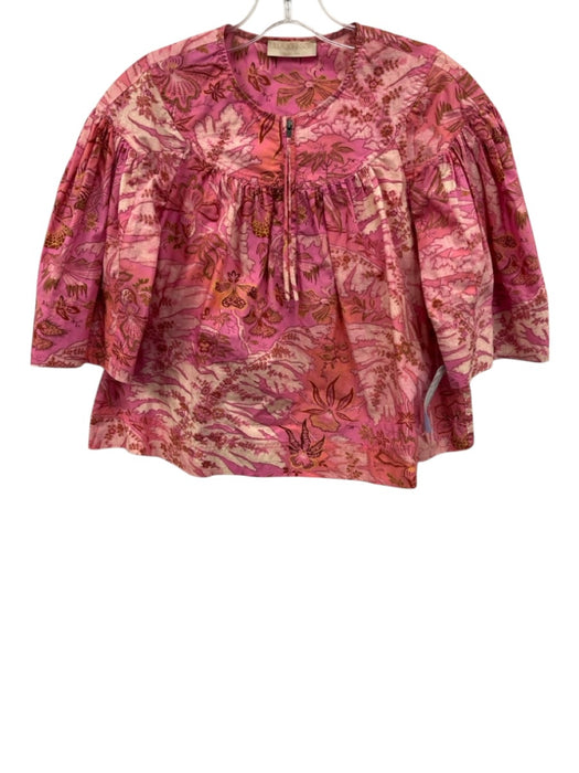 Ulla Johnson Size 0 Pink, Yellow, Brown Cotton Half Sleeve Floral Half Zip Top Pink, Yellow, Brown / 0