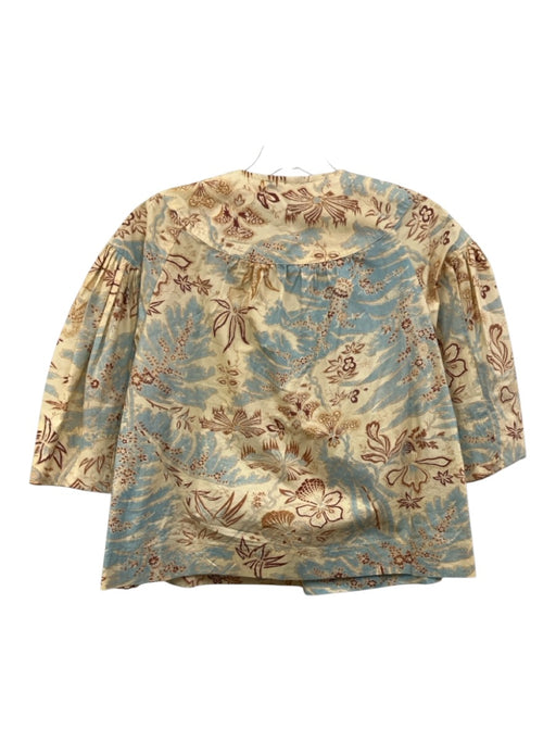 Ulla Johnson Size 0 Blue, Brown, Cream Cotton Half Sleeve Floral Half Zip Top Blue, Brown, Cream / 0