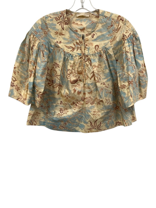 Ulla Johnson Size 0 Blue, Brown, Cream Cotton Half Sleeve Floral Half Zip Top Blue, Brown, Cream / 0