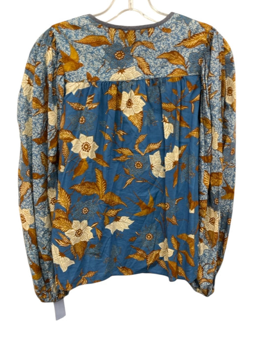 Ulla Johnson Size 0 Blue, Brown, Cream Cotton Blend Long puff sleeve Floral Top Blue, Brown, Cream / 0