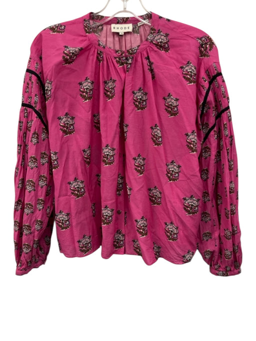 Rhode Size XS Hot Pink & Navy Cotton Blend Long puff sleeve Floral Top Hot Pink & Navy / XS