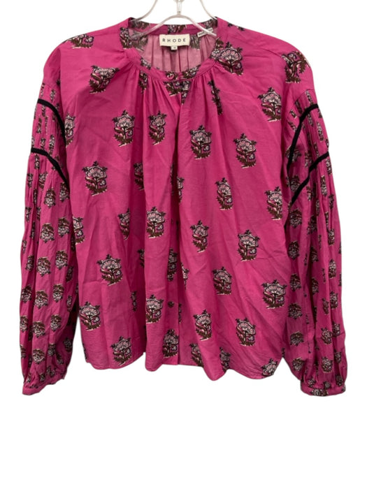 Rhode Size XS Hot Pink & Navy Cotton Blend Long puff sleeve Floral Top Hot Pink & Navy / XS