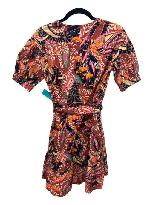 A.L.C. Size 0 Orange & Multi Cotton Short Sleeve V Neck Abstract Mini Dress Orange & Multi / 0