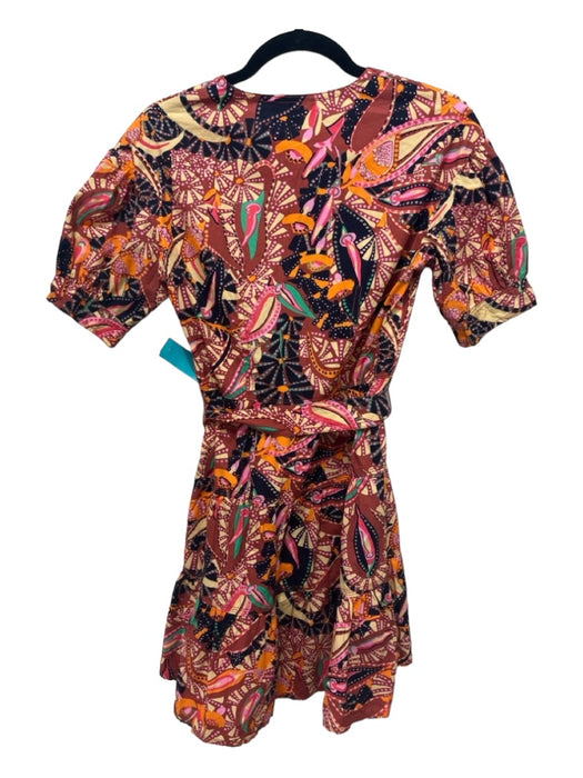 A.L.C. Size 0 Orange & Multi Cotton Short Sleeve V Neck Abstract Mini Dress Orange & Multi / 0