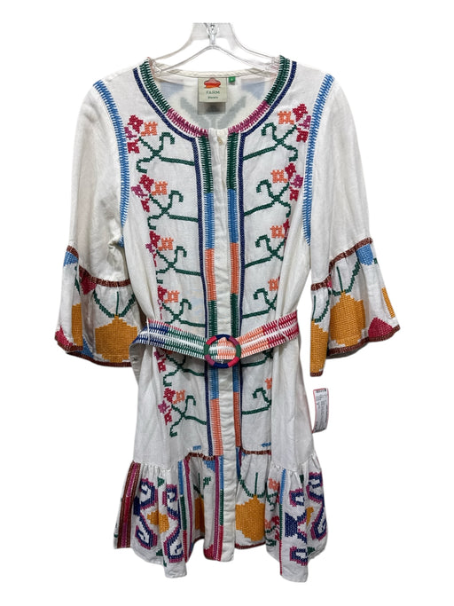 Farm Rio Size S White, Green, Multi Linen & Viscose Button Up Bell Sleeve Dress White, Green, Multi / S
