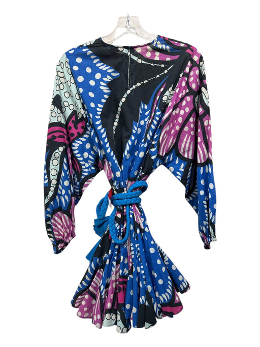 Rhode Size XS Blue, Black, Multi Cotton All Over Print Long Sleeve Peplum Dress Blue, Black, Multi / XS