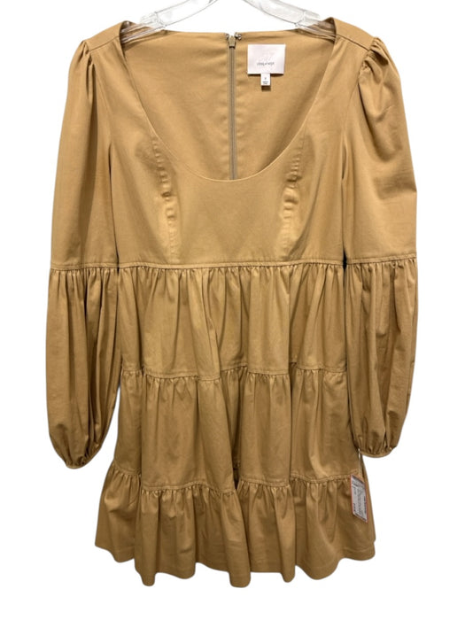 Cinq a Sept Size 2 Tan Cotton Blend U Neck Long Balloon Sleeve Tiered Dress Tan / 2