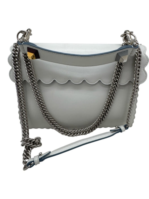 Fendi White Leather Scalloped Silver Tone Hardware Flap Top Shoulder Bag White