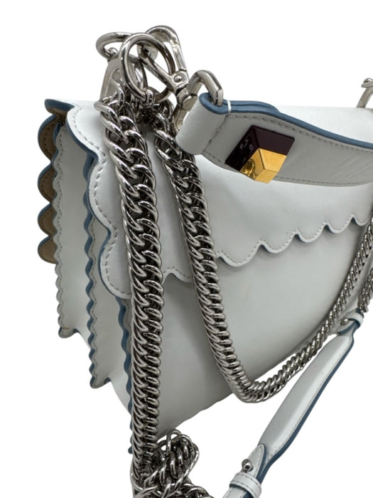 Fendi White Leather Scalloped Silver Tone Hardware Flap Top Shoulder Bag White