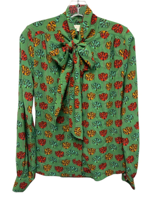 Ann Mashburn Size XS Green & Multi Viscose Blend Floral Long Sleeve Tie Neck Top Green & Multi / XS