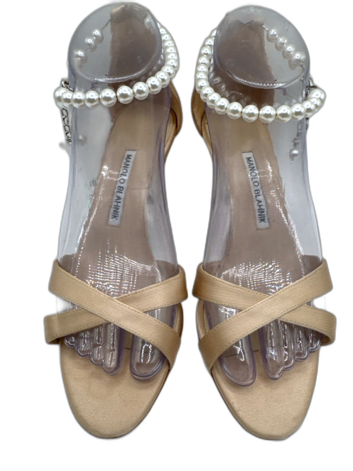 Manolo Blahnik Shoe Size 37.5 Beige Satin open toe Pearl Detail Sandals Beige / 37.5