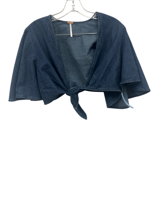 Free People Size 6 Dark Blue Cotton Tie Front Wide 1/2 Sleeve Denim Pants Set Dark Blue / 6