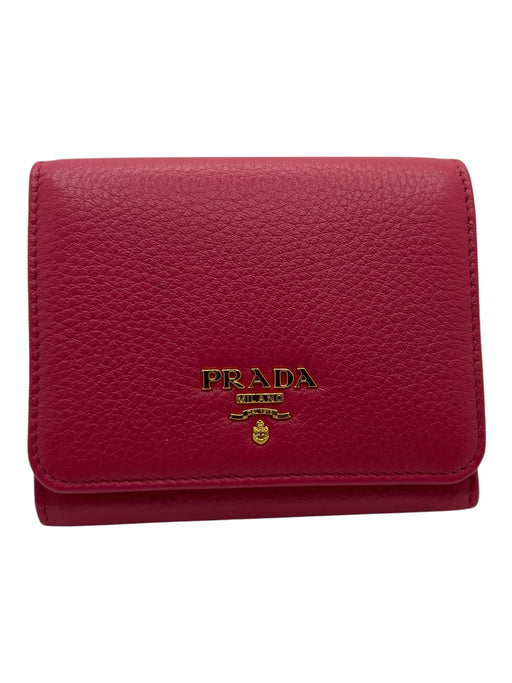 Prada Pink Leather Pebbled Gold Logo Bi-Fold Compact Wallets Pink