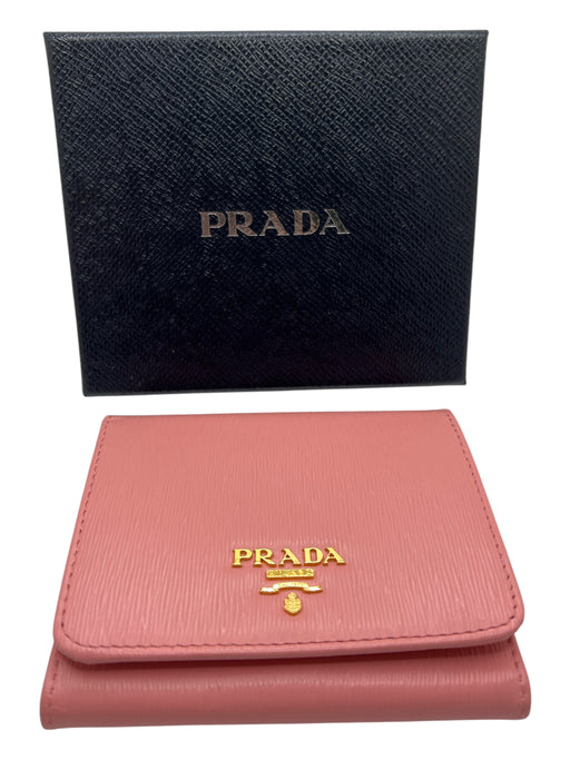 Prada Light Pink Leather Textured Gold Logo Bi-Fold Compact Wallets Light Pink