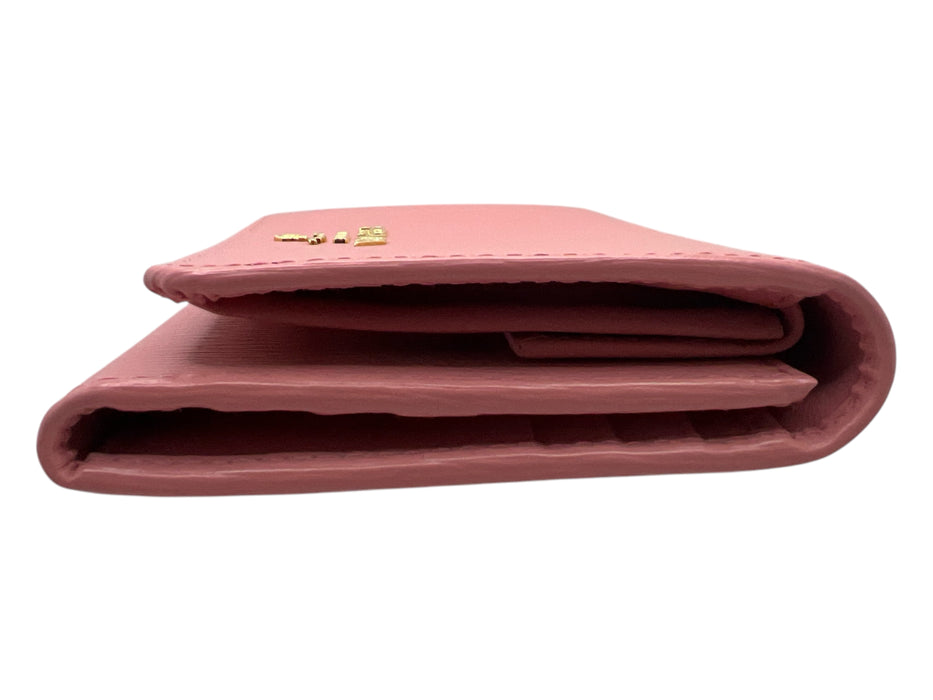 Prada Light Pink Leather Textured Gold Logo Bi-Fold Compact Wallets Light Pink