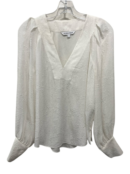 Veronica Beard Size 4 White Silk Long Balloon Sleeve V Neck Jacquard Flowy Top White / 4
