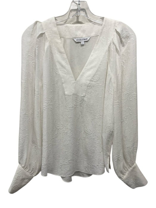 Veronica Beard Size 4 White Silk Long Balloon Sleeve V Neck Jacquard Flowy Top White / 4