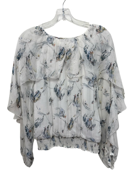 Joie Size S White & Multi Silk Sheer Overlay Abstract Print Smocked Waist Top White & Multi / S