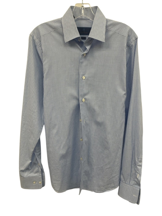 David Donahue Size 15 Blue & White Cotton Grid Button Down Long Sleeve Shirt Blue & White / 15
