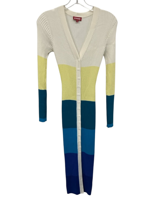 Staud Size XS White, Blue & Multi Viscose & Nylon Long Sleeve Ribbed Midi Dress White, Blue & Multi / XS