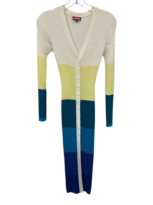 Staud Size XS White, Blue & Multi Viscose & Nylon Long Sleeve Ribbed Midi Dress White, Blue & Multi / XS