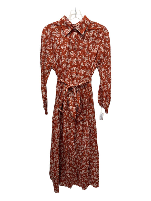 Ann Mashburn Size M Rust Orange & Beige Cotton Seersucker Long Sleeve Midi Dress Rust Orange & Beige / M
