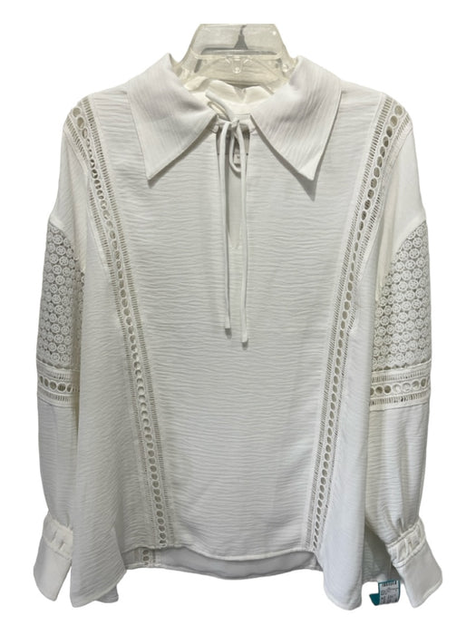 Brochu Walker Size M White Polyester Eyelet V Tie Neck Long Sleeve Top White / M