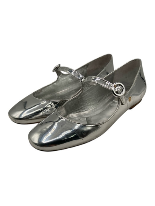 Larroude Shoe Size 8 Silver Patent Leather Mary Jane Buckle Round Toe Flats Silver / 8